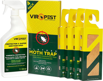 Carpet & Clothes Moth Killer Kit - HSE Approved 'Protector C' Moth Killer Spray + Moth Traps (4 Pack) - ViroPest