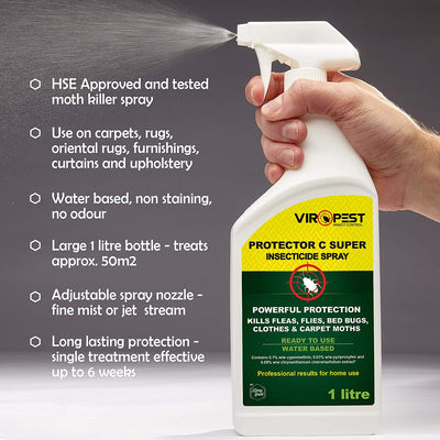 Carpet & Clothes Moth Killer Kit - HSE Approved 'Protector C' Moth Killer Spray + Moth Traps (4 Pack) - ViroPest